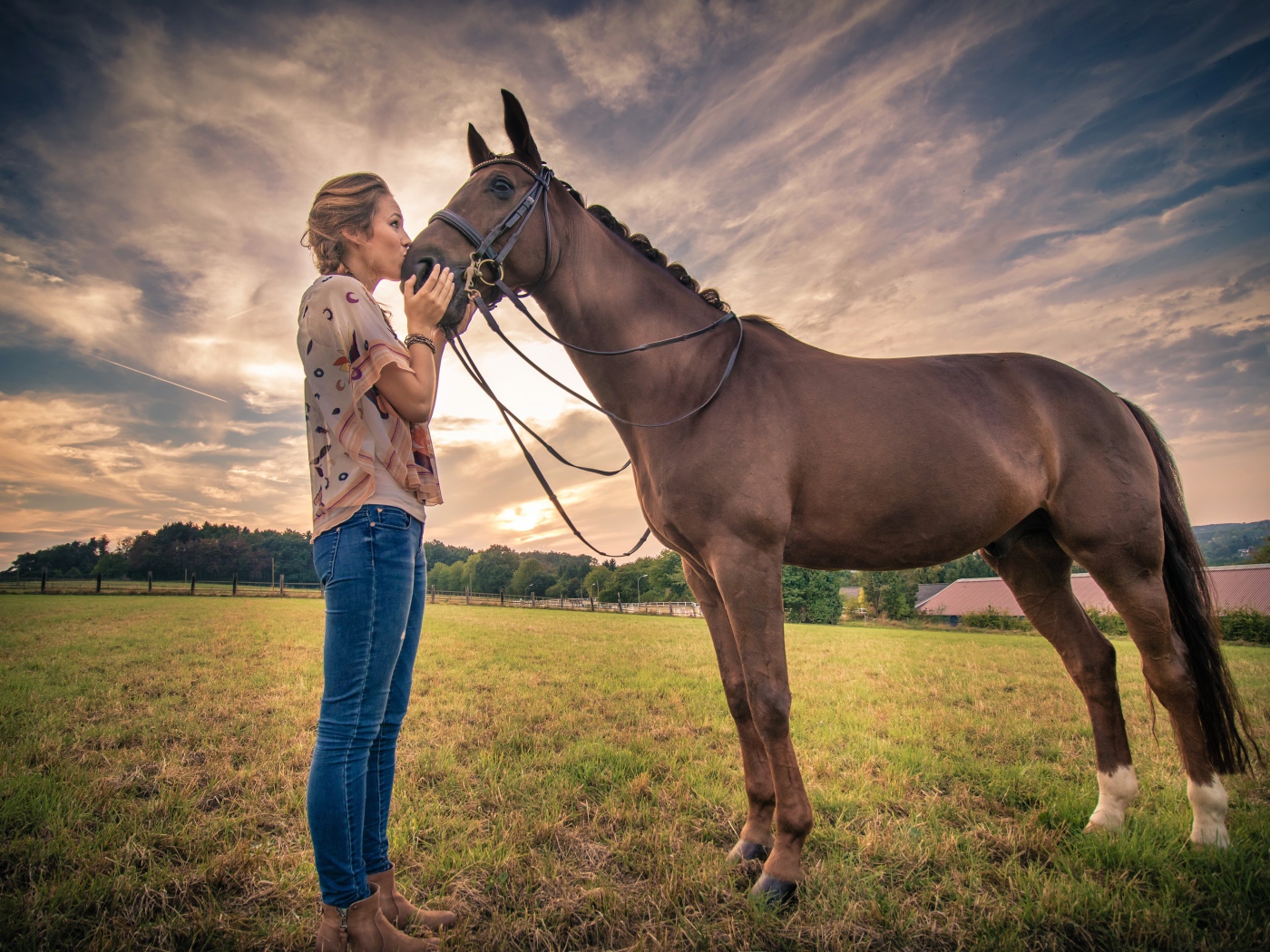 Красивая девушка целует коня под красивым небом