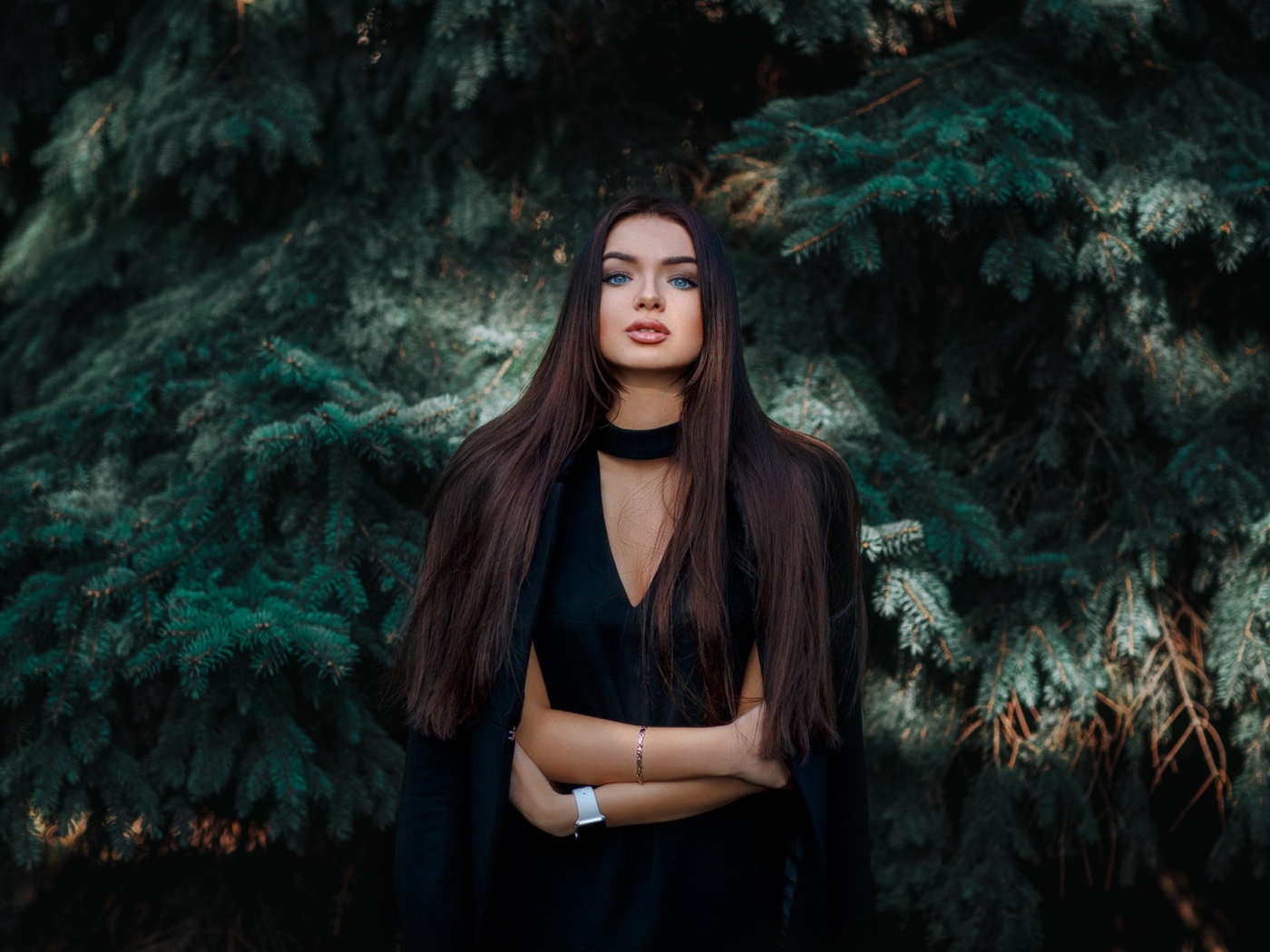 Голубоглазая девушка брюнетка у большой зеленой ели 