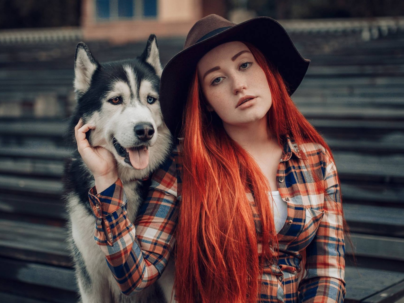 Рыжеволосая девушка в черной шляпе сидит с хаски