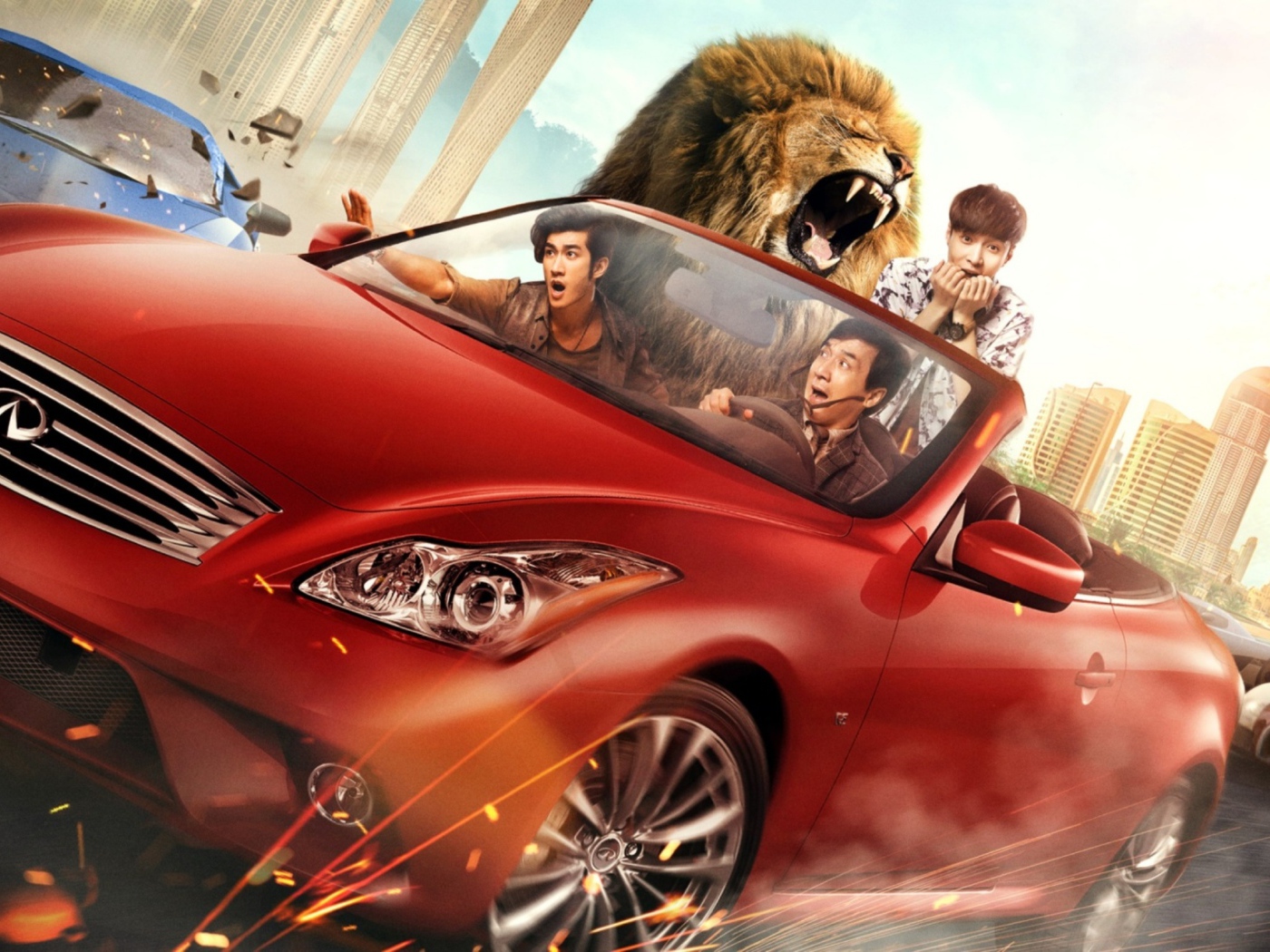 Герои фильма Кунг-фу йога 2017 на красном автомобиле  