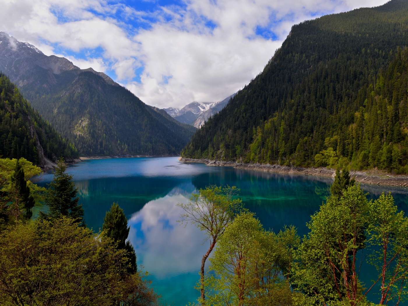 Красивое озеро у покрытых лесом гор в парке Цзючжайгоу, Китай