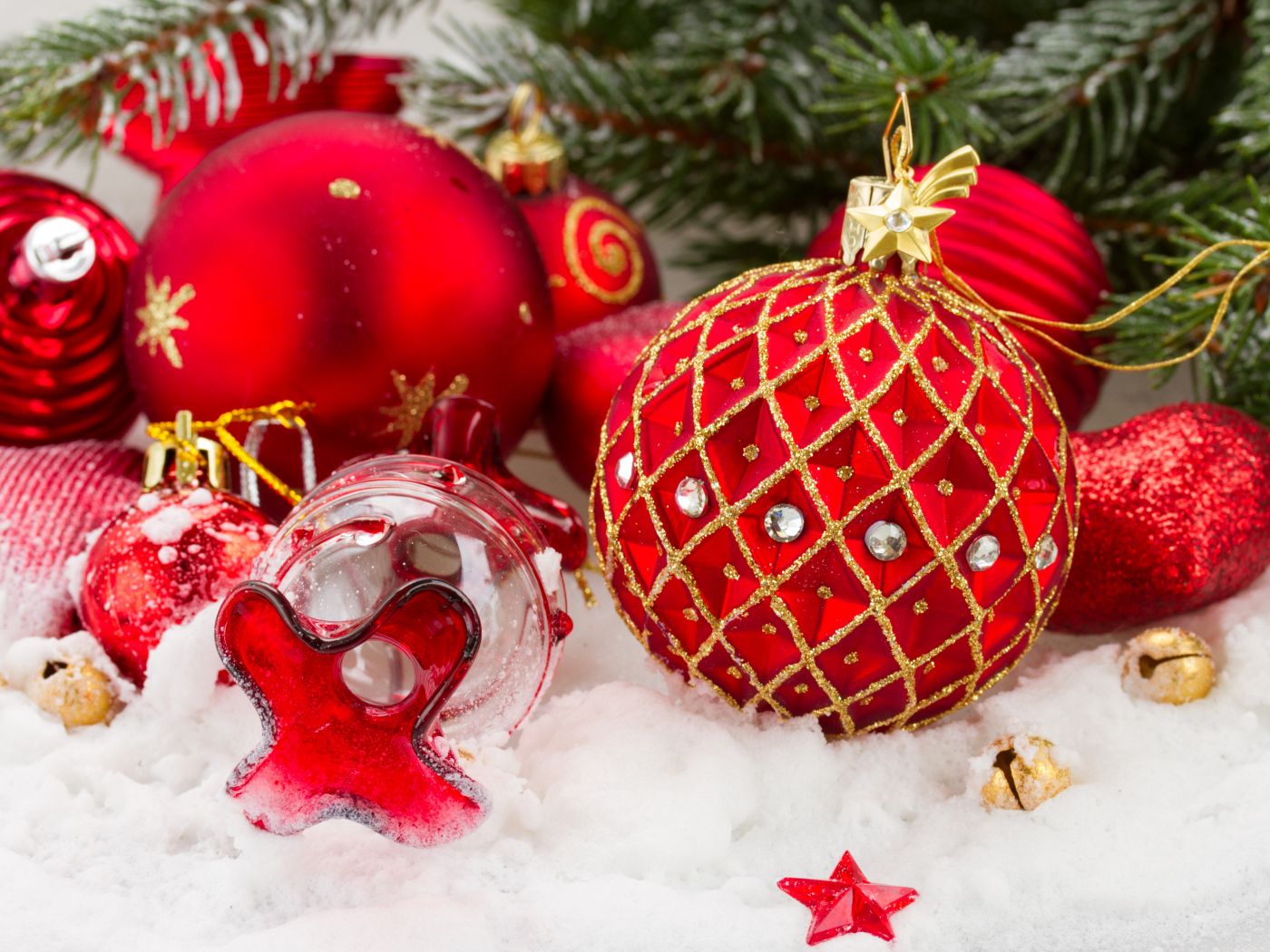 Bright red Christmas balls on a Christmas tree