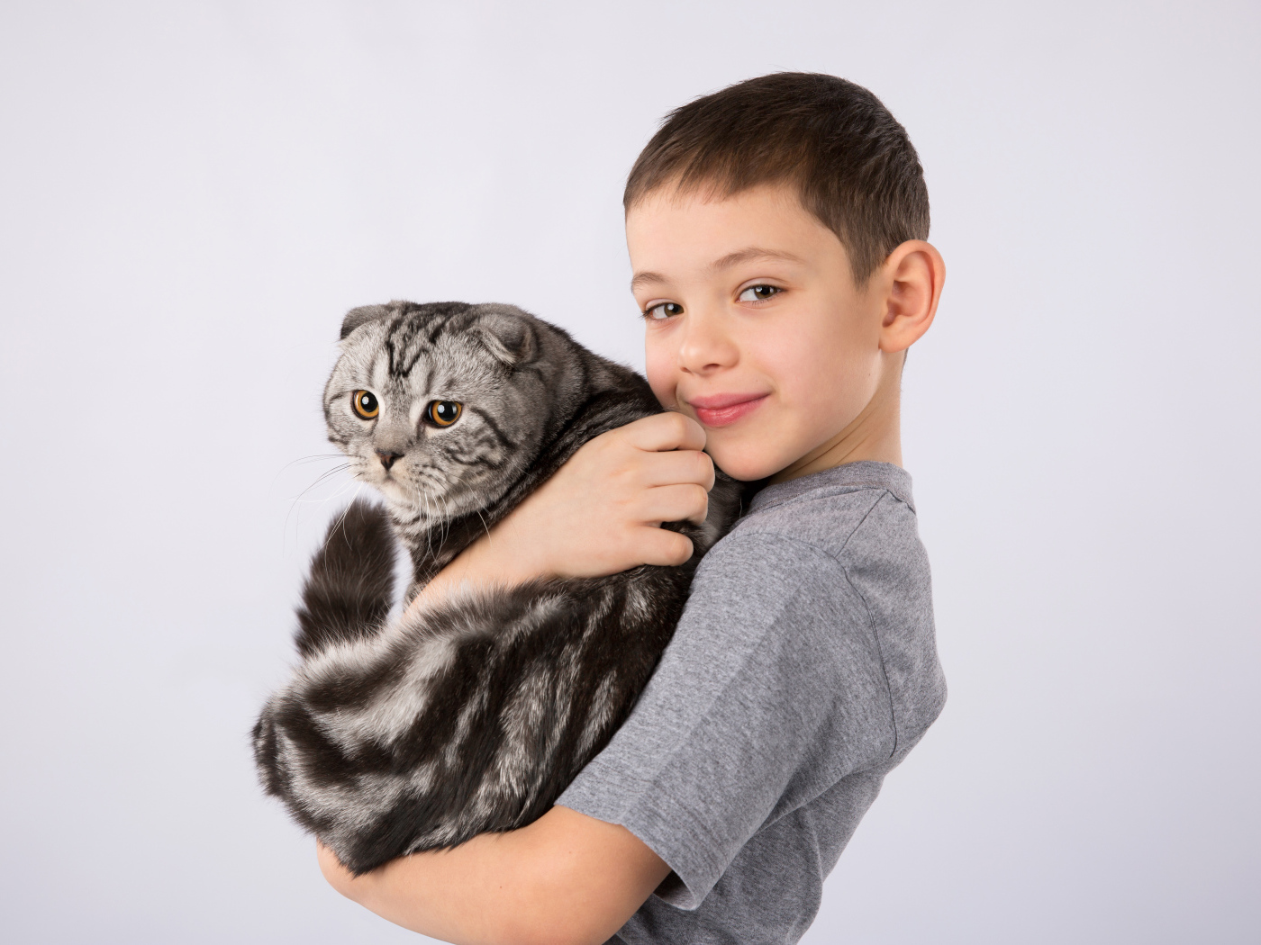 Маленький мальчик с большим котом на сером фоне