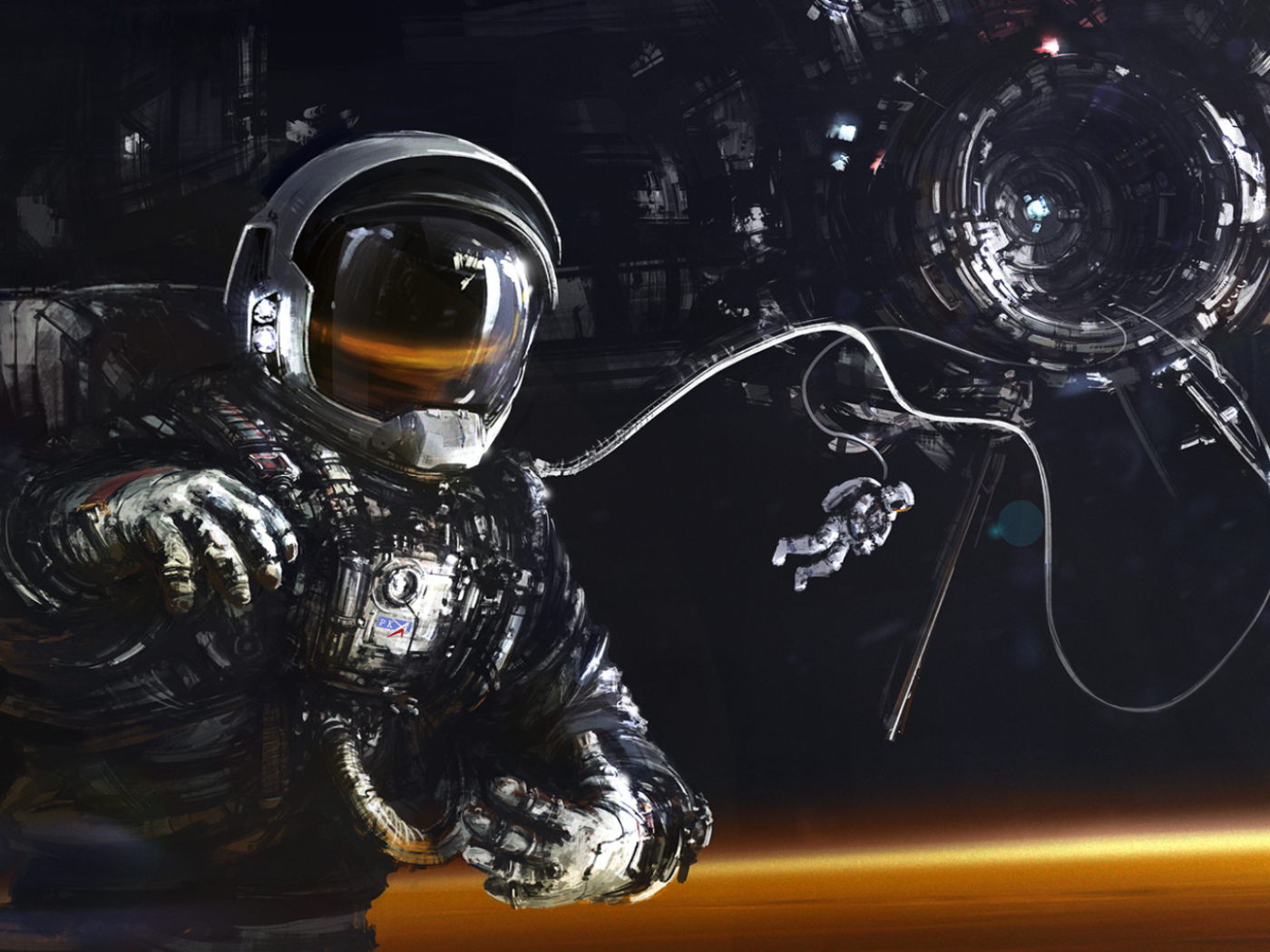 Астронавт и космический корабль над поверхностью Марса