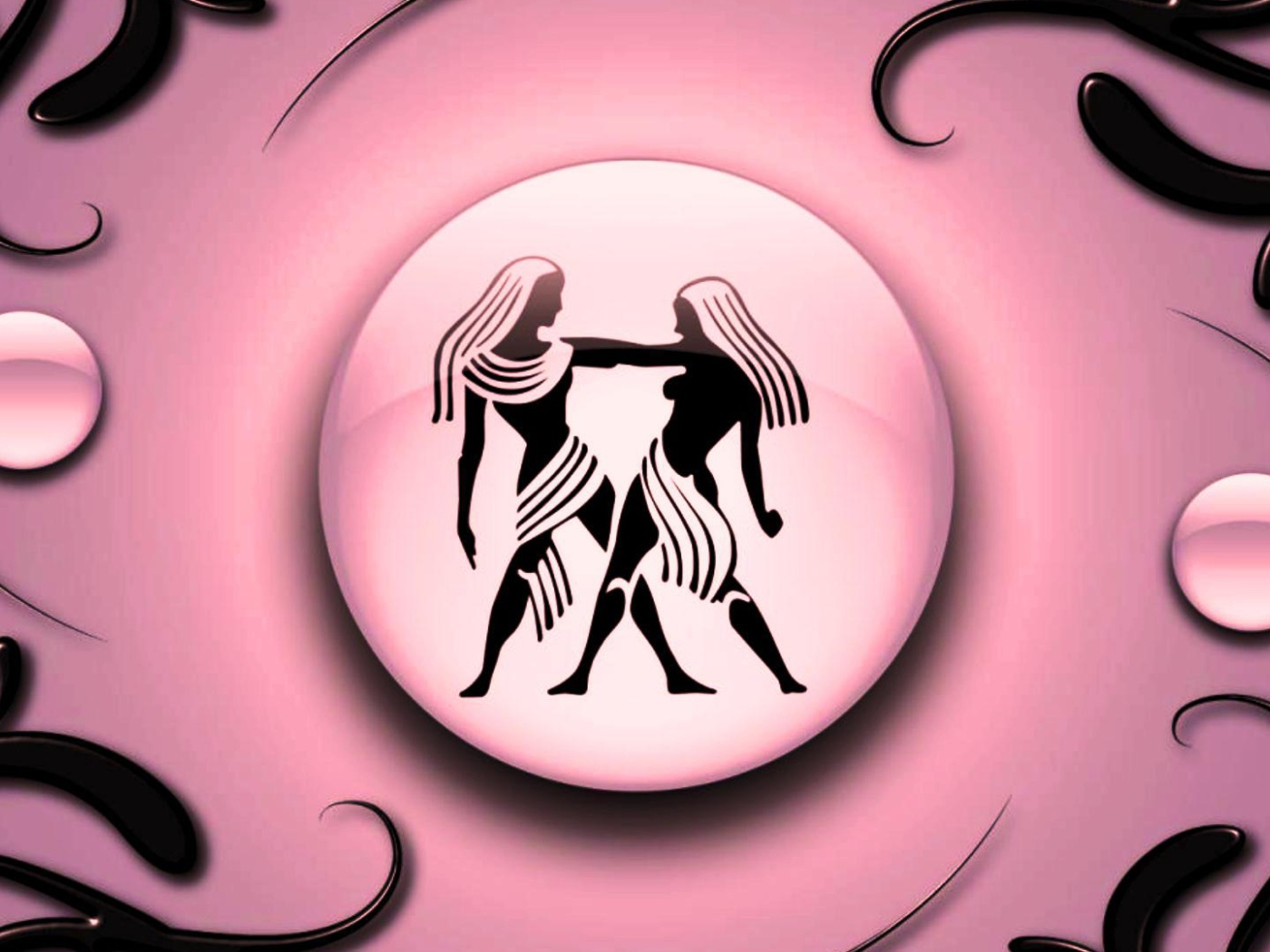 Знак зодиака Близнецы на  розовом фоне с чёрным орнаментом  