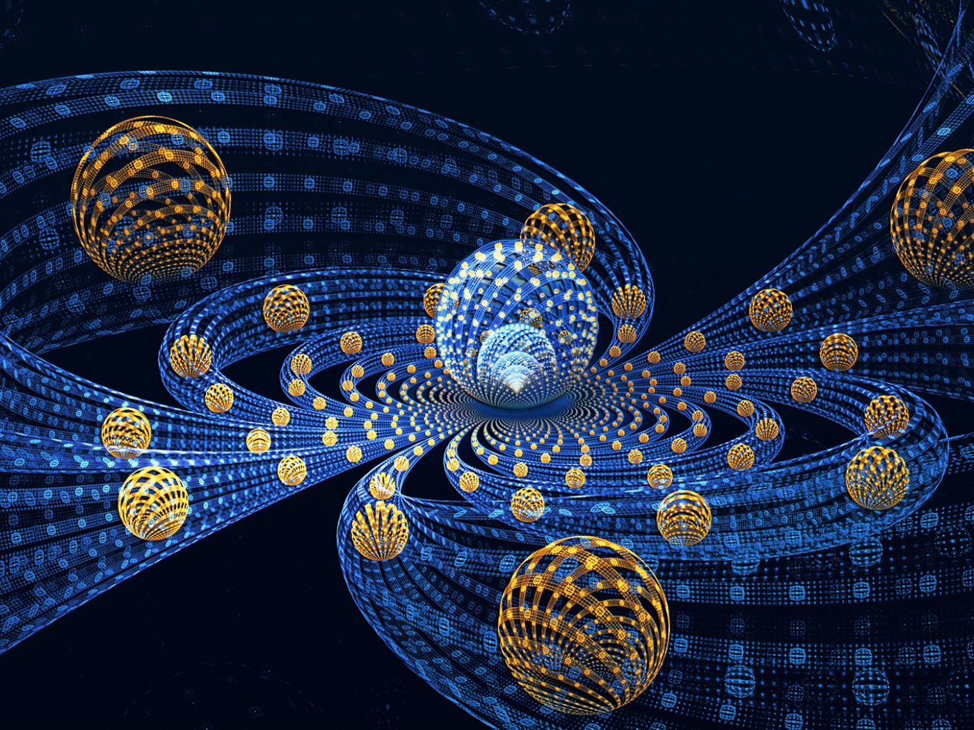 Сферы с волнами на синем фоне, 3д графика 