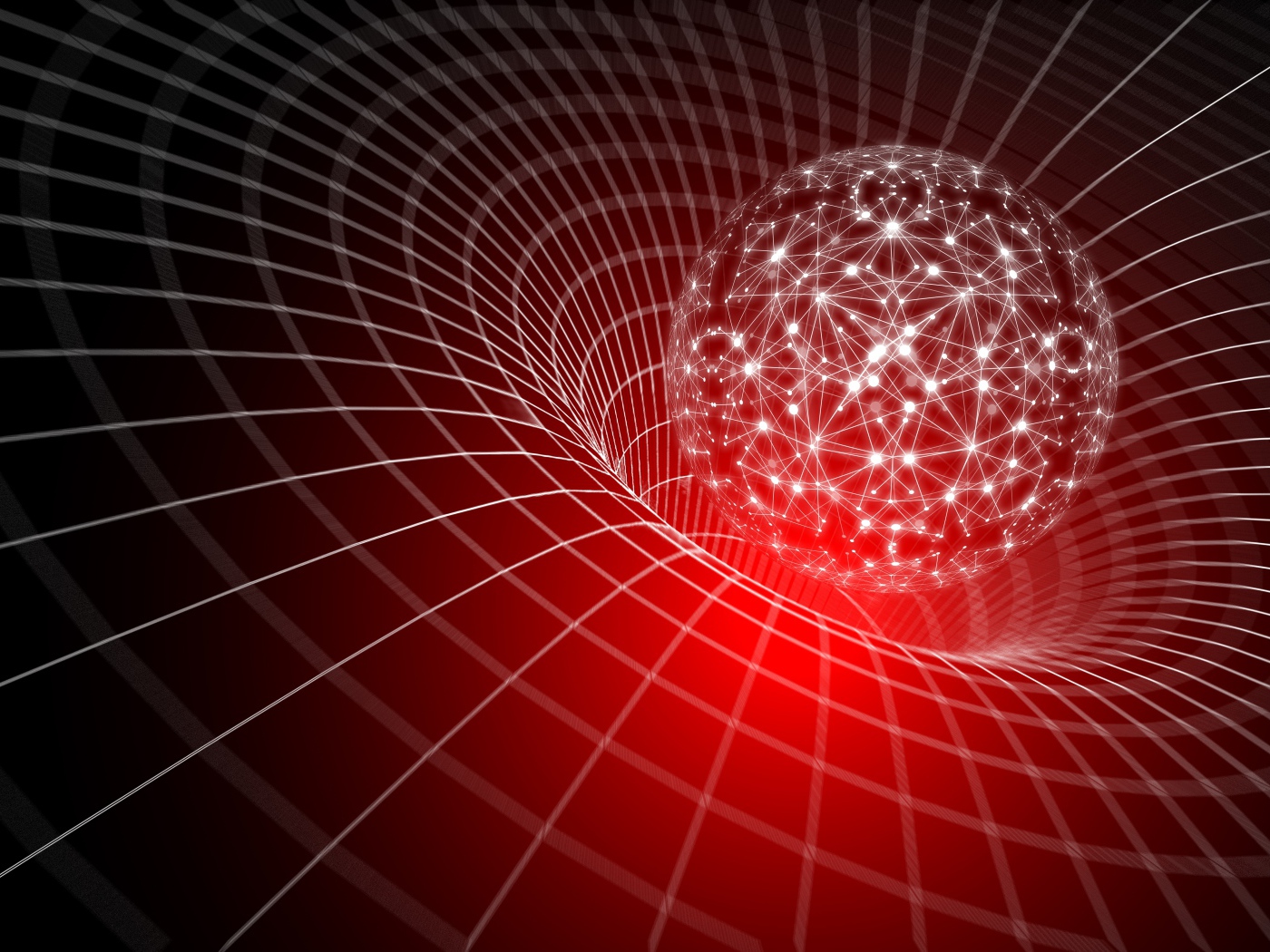 Светящийся белый шар погружается в воронку виртуальной сетки, 3д графика