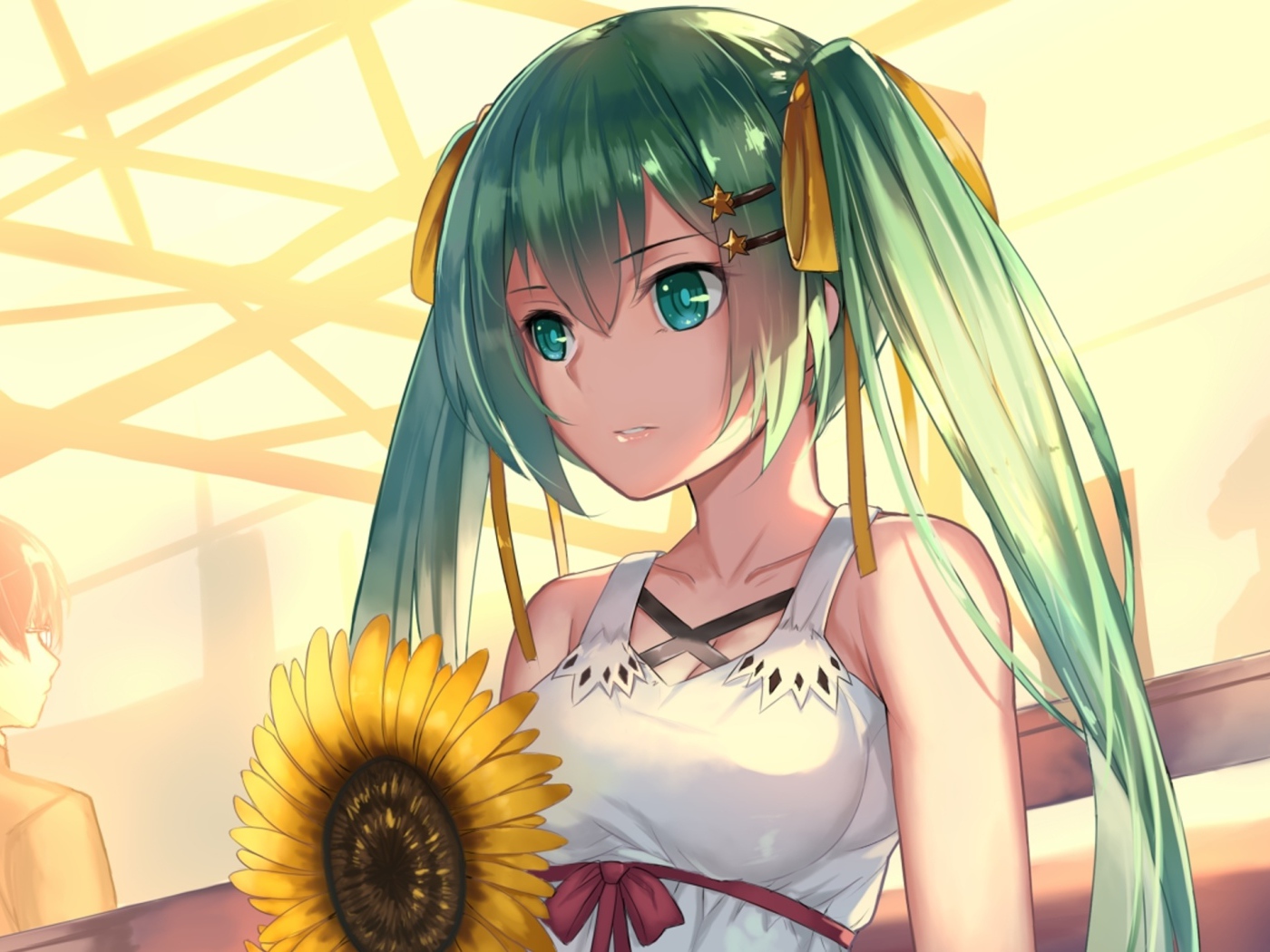 Девушка аниме Мику Хацунэ с подсолнухом в руках