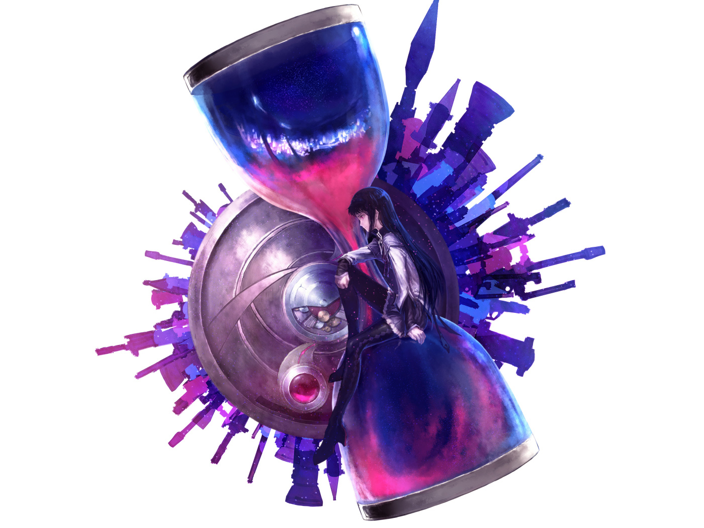 Девушка аниме сидит на больших песочных часах на белом фоне