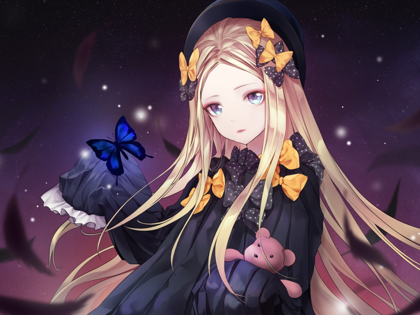 Красивая девушка аниме с бантиками в длинных волосах 