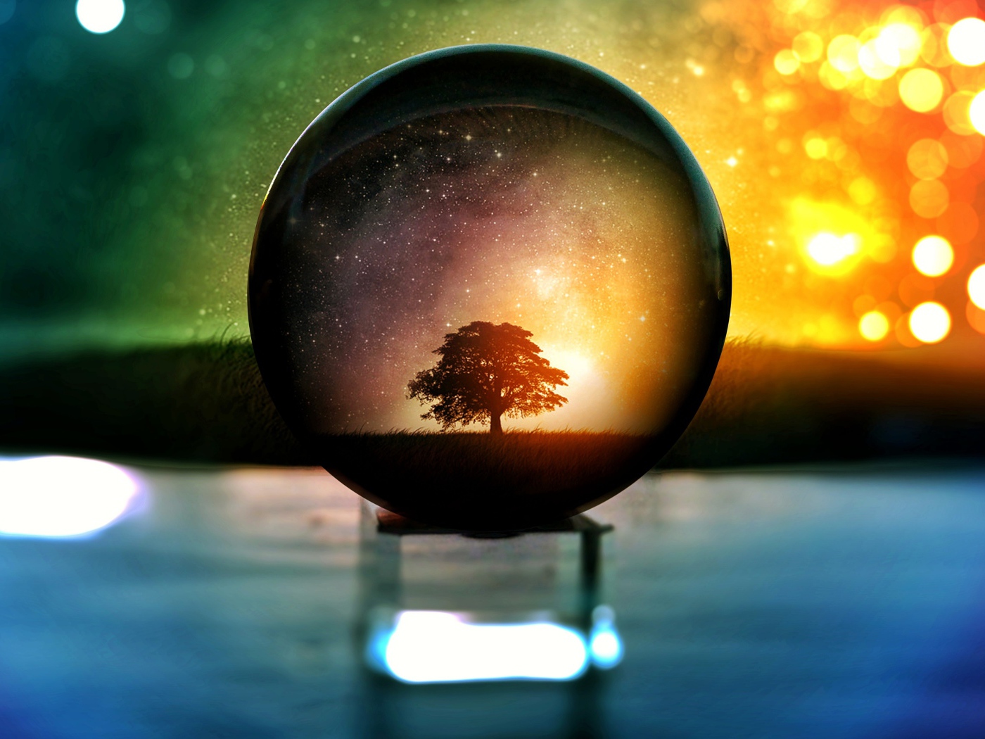 Дерево  отражается в стеклянном шаре