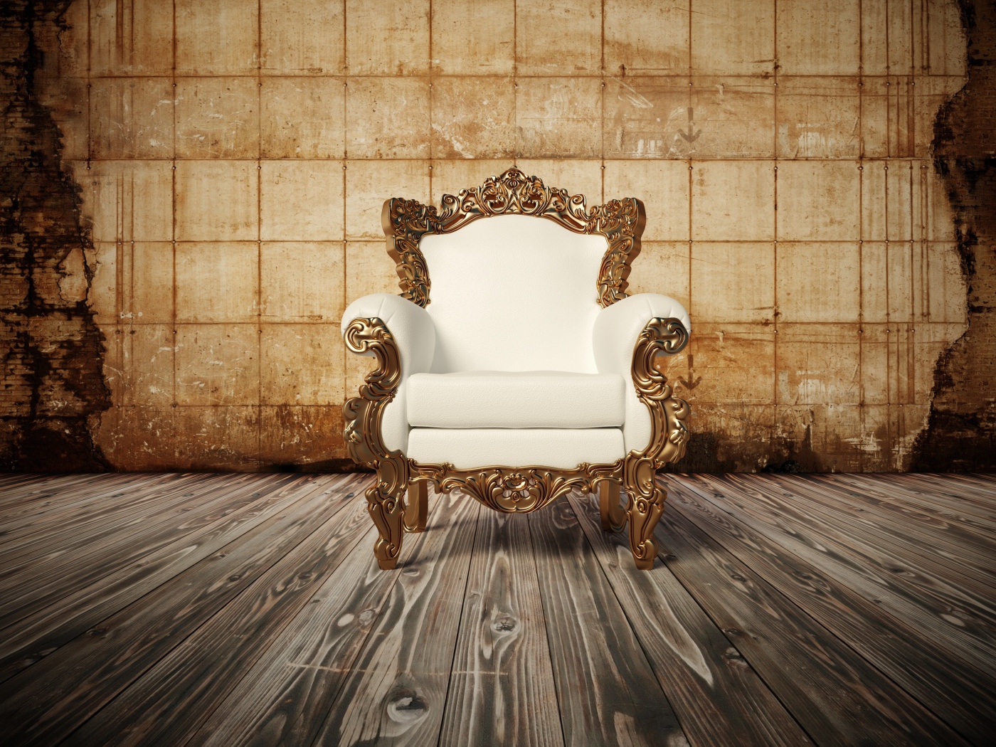 Белое новое кожаное кресло на деревянном полу у старой стены