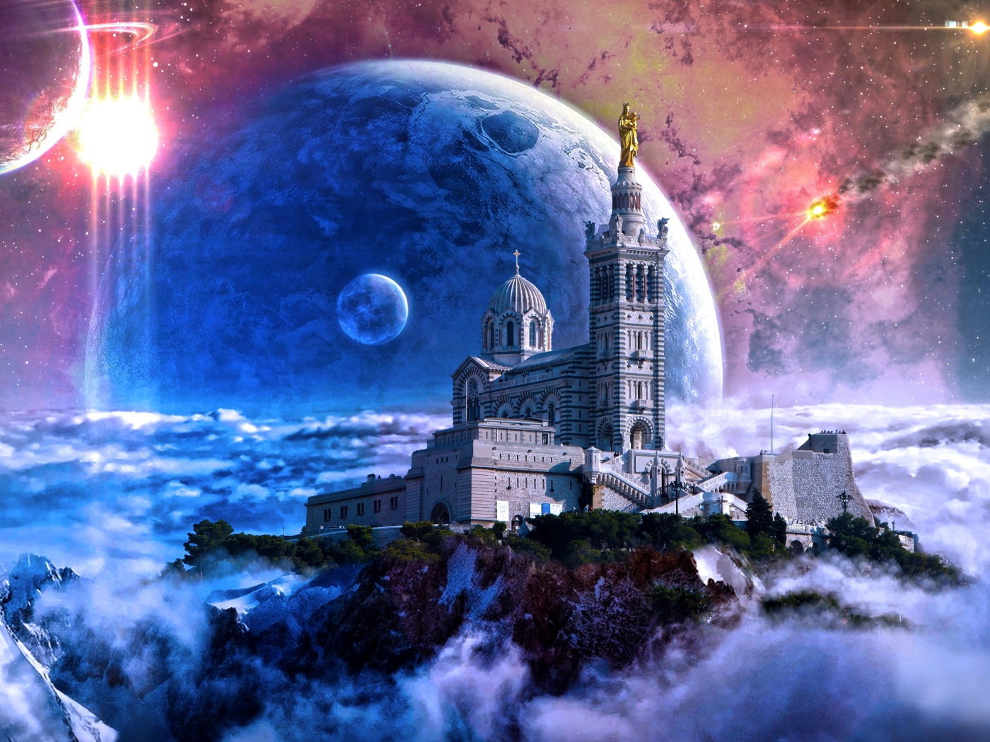 Замок на фоне космических планет, фэнтези