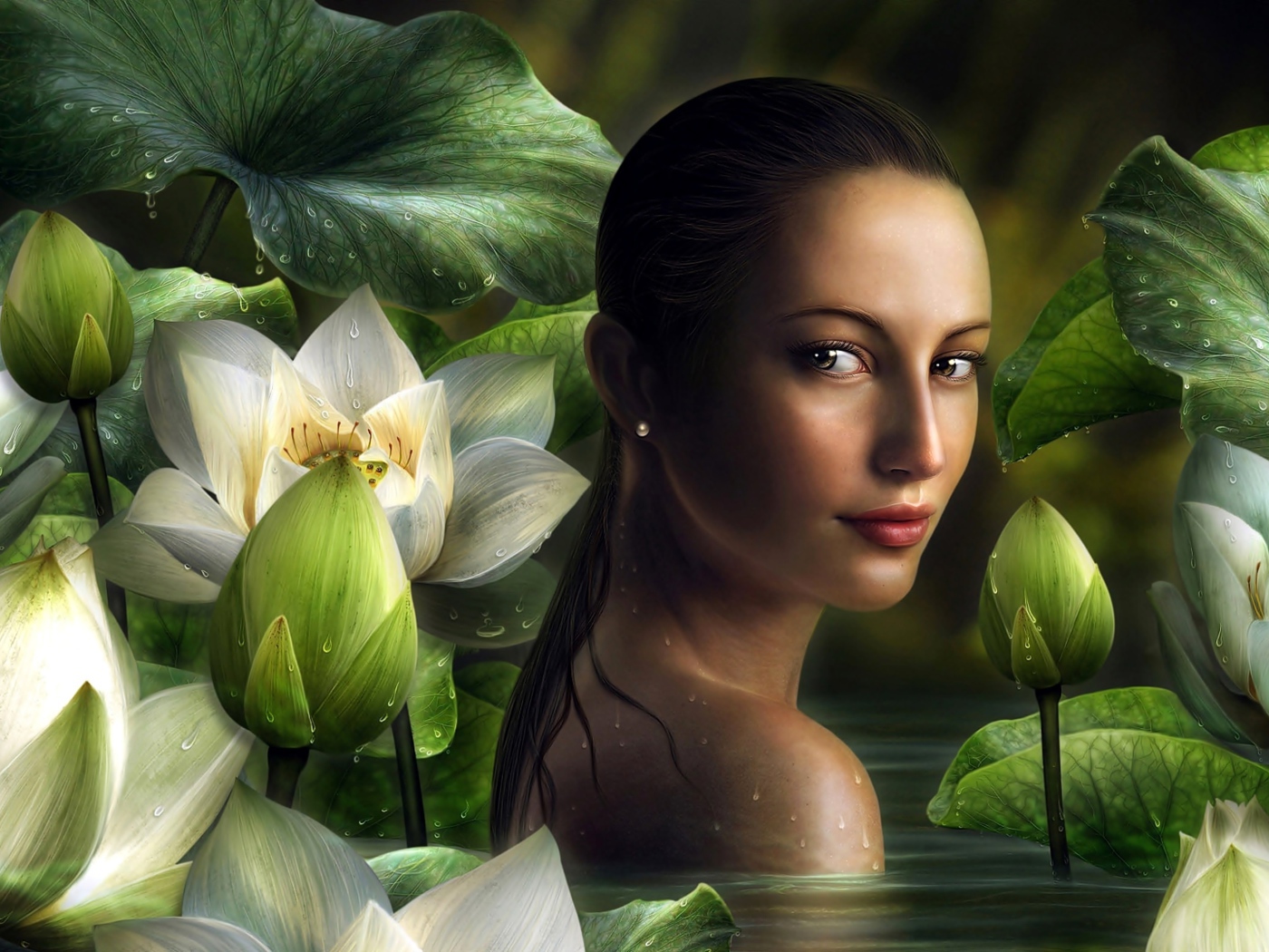 Девушка фэнтези на фоне белых цветов лотоса