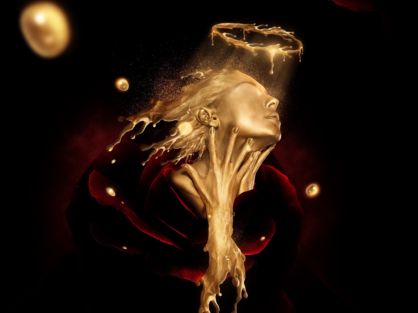 Лицо девушки из золота в красной розе, фэнтези