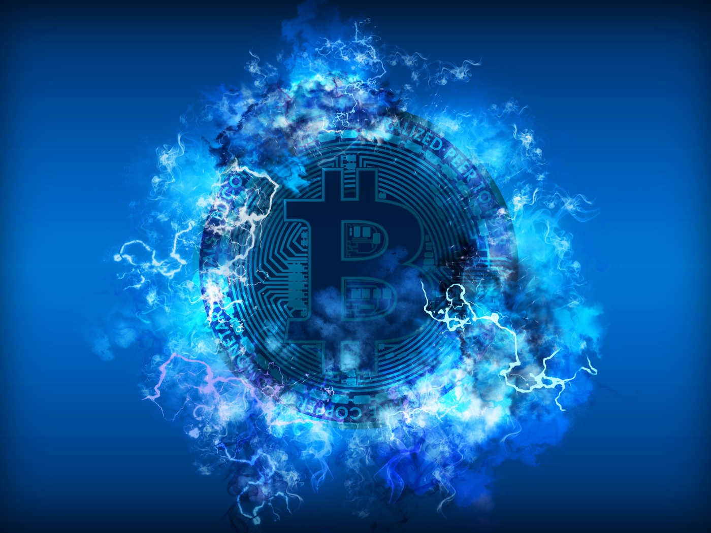 Монета биткоин с разрядами молнии на голубом фоне