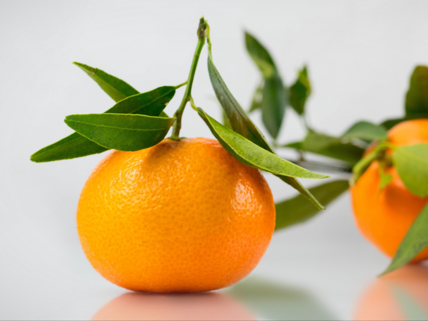 Оранжевый мандарин с зелеными листьями на сером фоне 