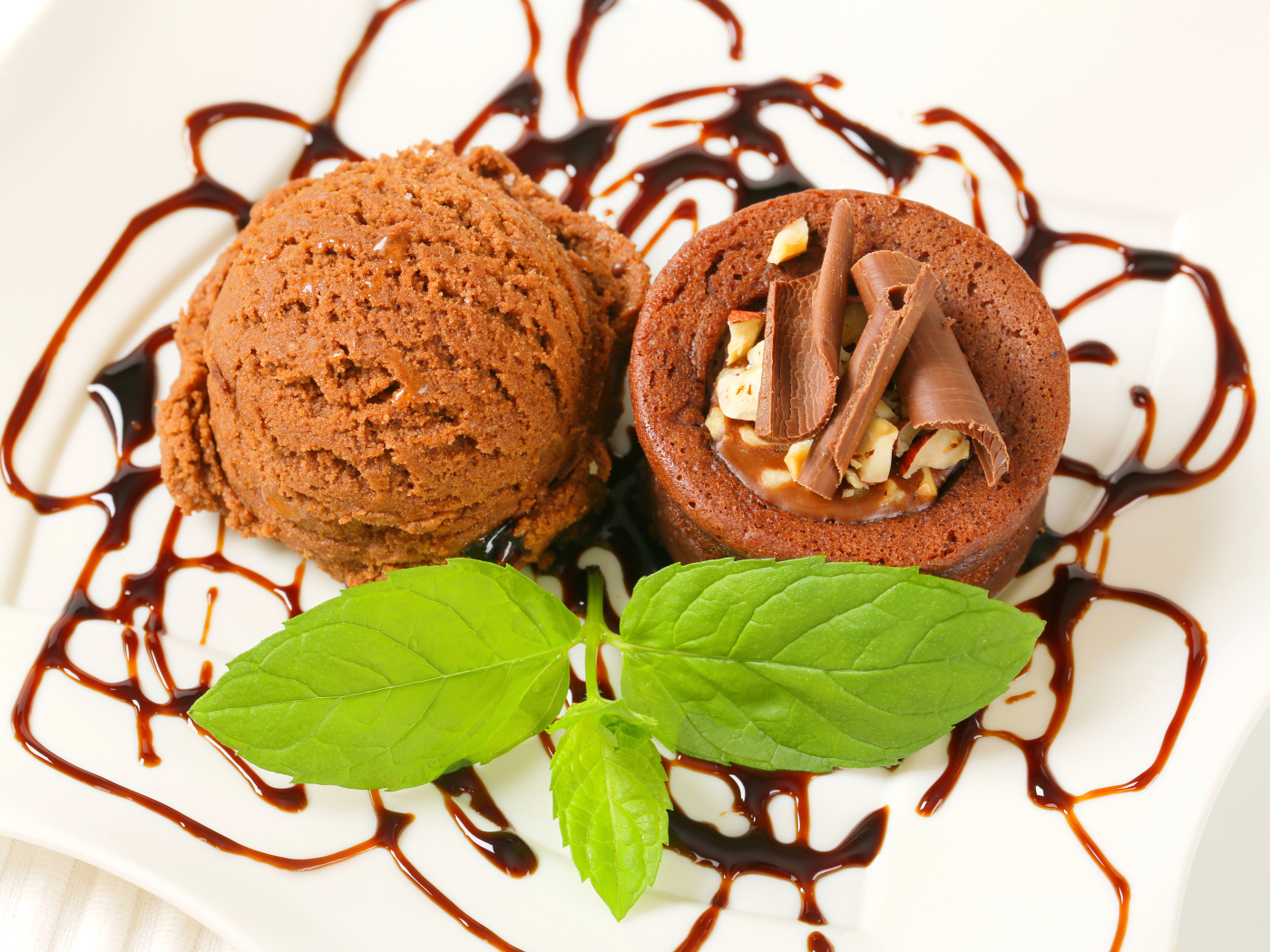 Шоколадное мороженое с кексом на тарелке