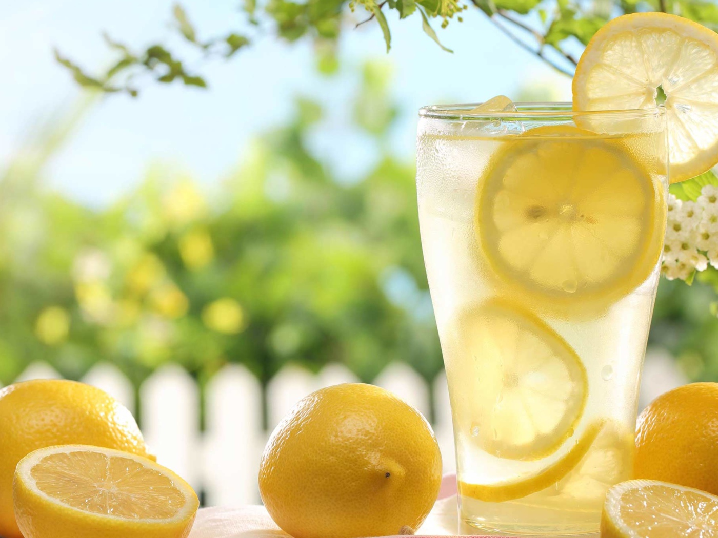 Холодный лимонад в стакане с кусочками лимона