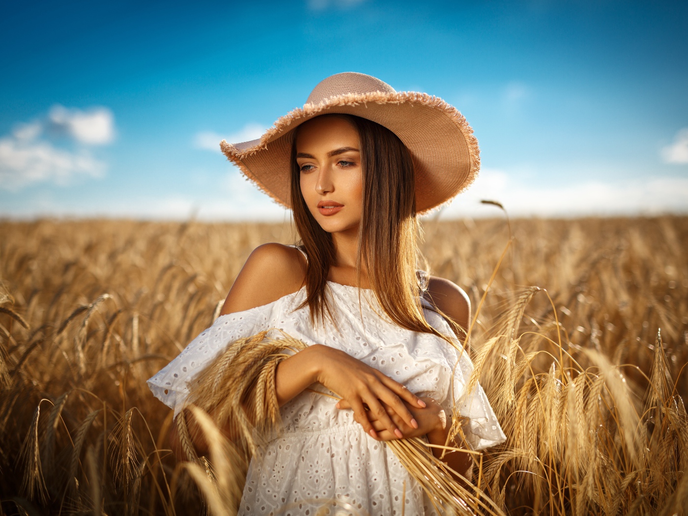Красивая девушка в белом платье с колосьями пшеницы