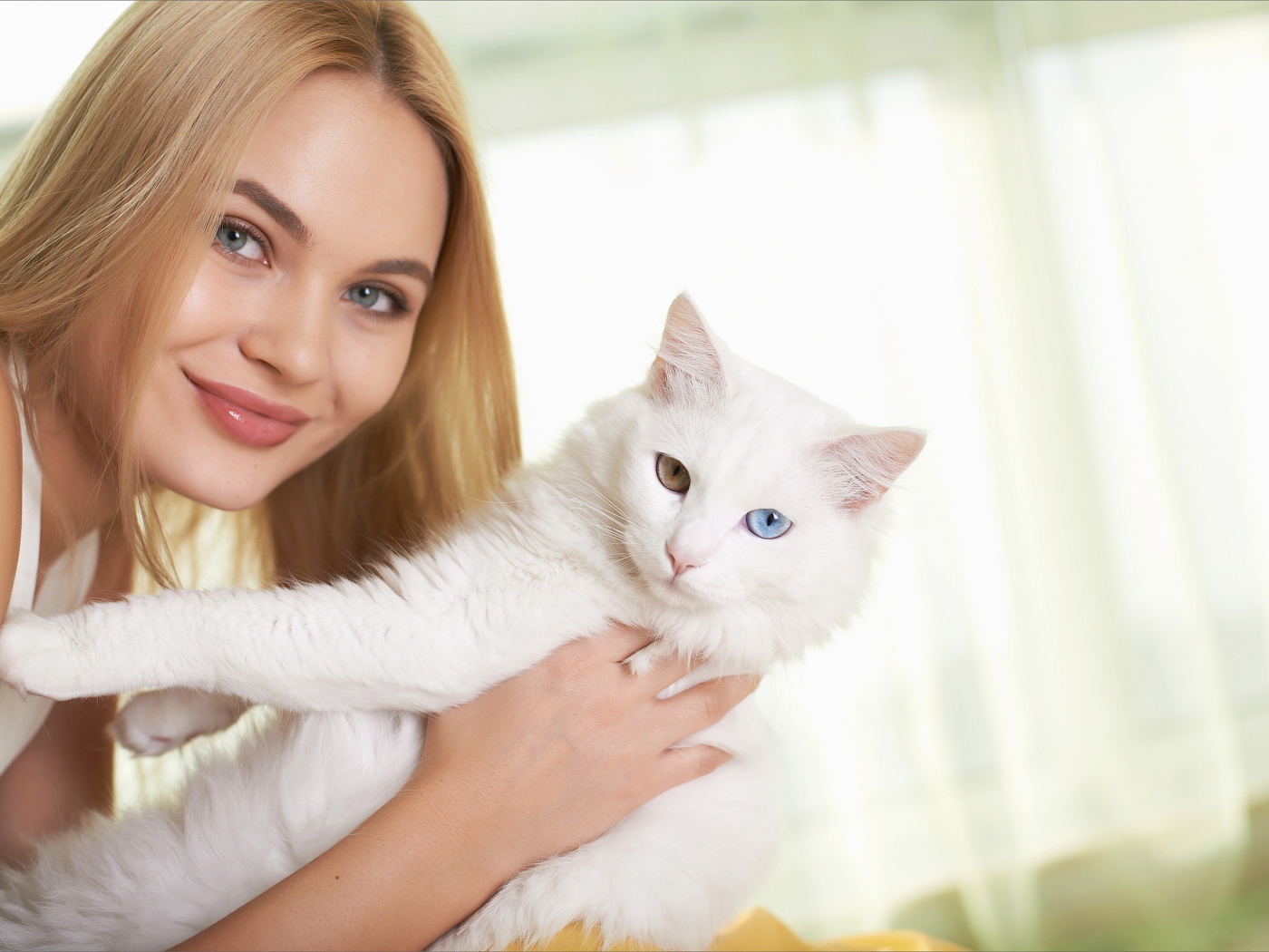 Красивая девушка с белым котом в руках