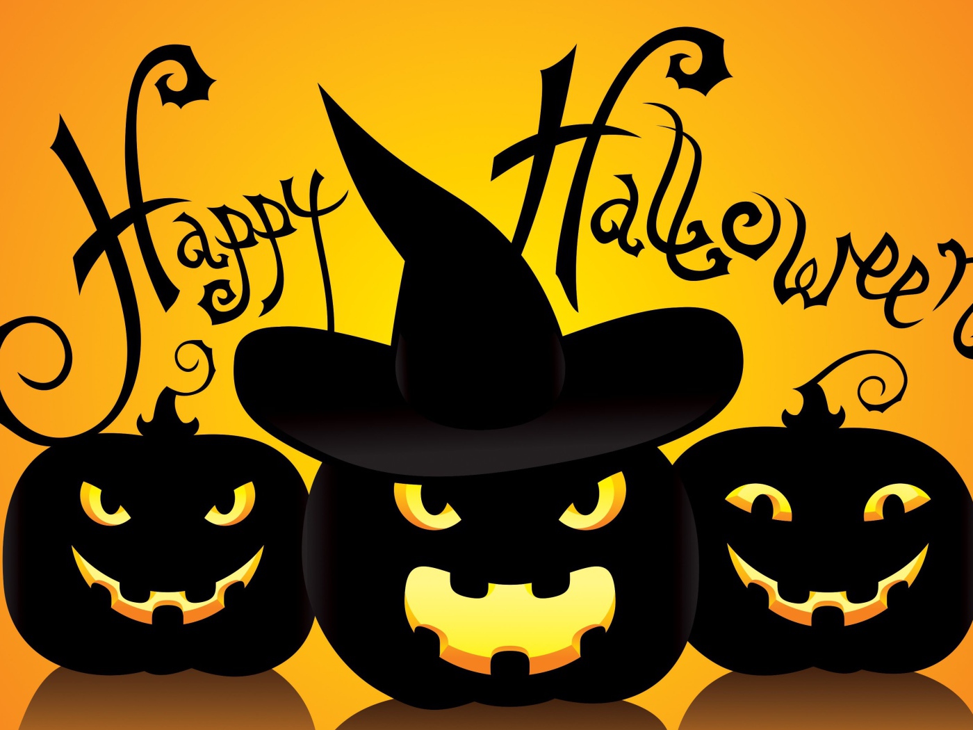 Черные тыквы в шляпах на желтом фоне к празднику Хэллоуин