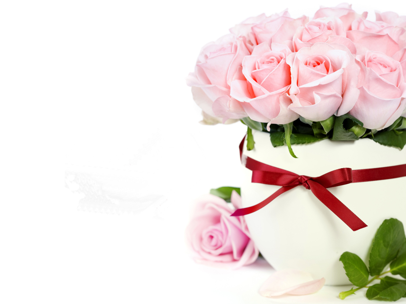 Bouquet of pink roses in a white vase with a red bow, postcard template for March 8