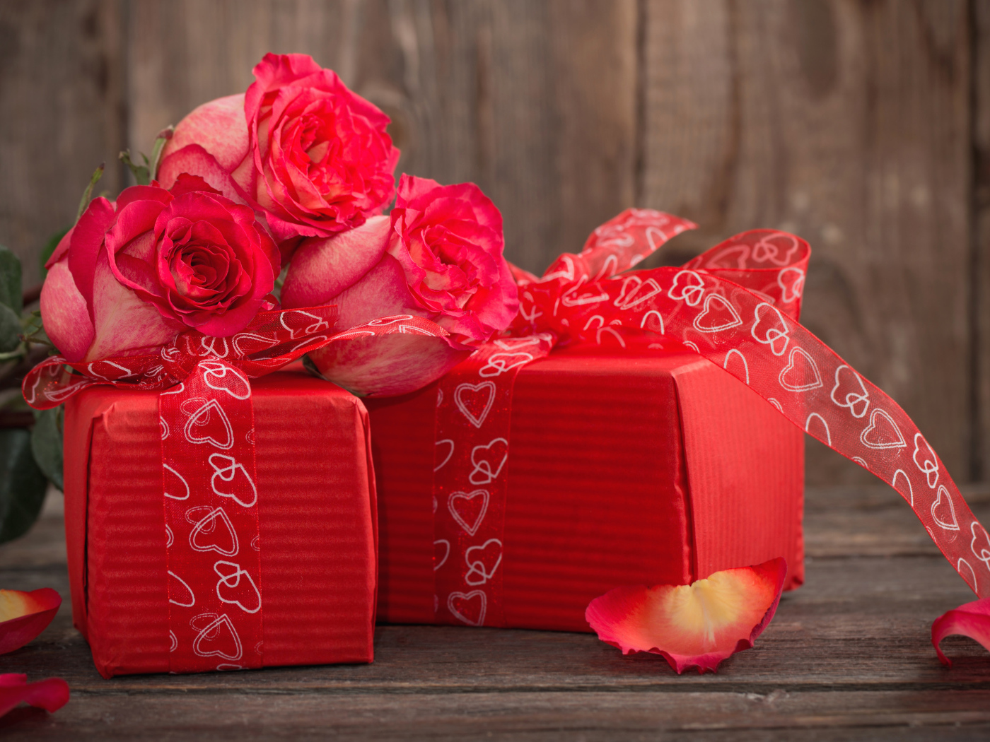 Два больших красных подарка и розы в подарок любимой на 8 марта