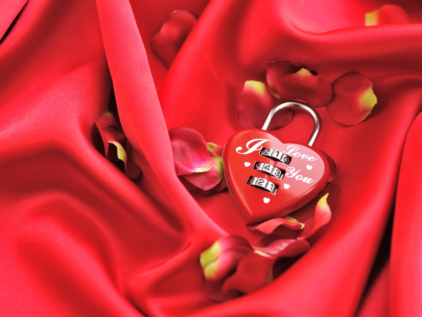 Кодовый замок в форме сердца на красном фоне с лепестками розы