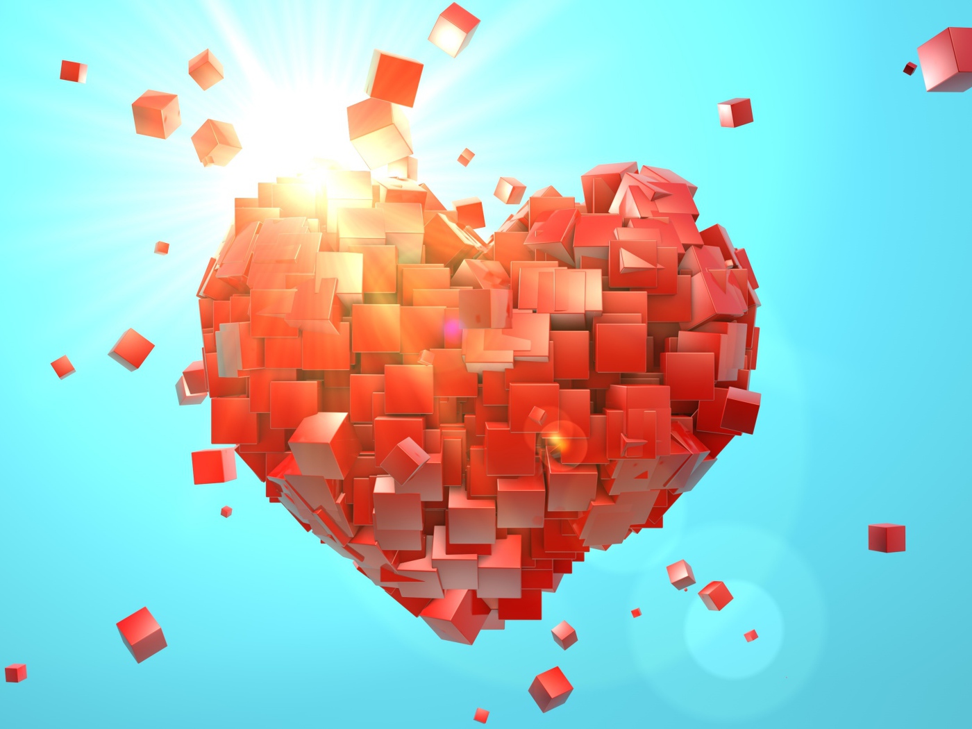 Сердце из красных кубиков на голубом фоне
