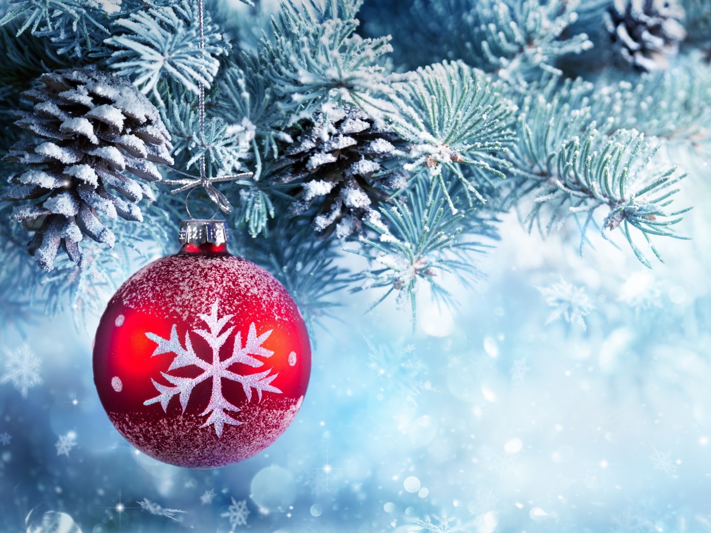 Красивый елочный шар на покрытой инеем еловой ветке