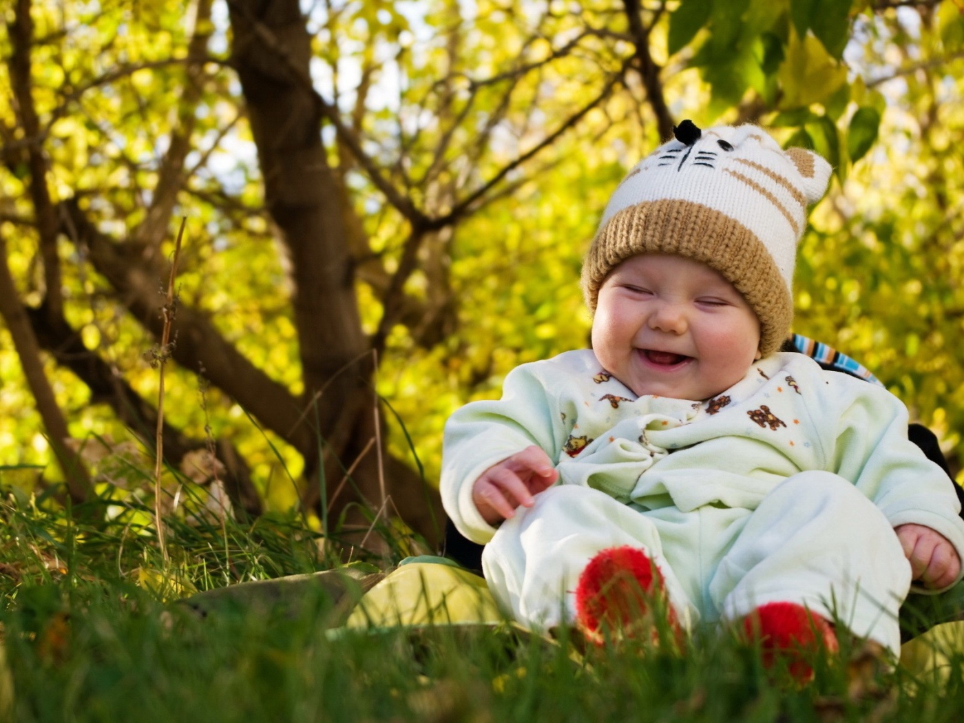 Смеющийся грудной ребенок сидит на траве