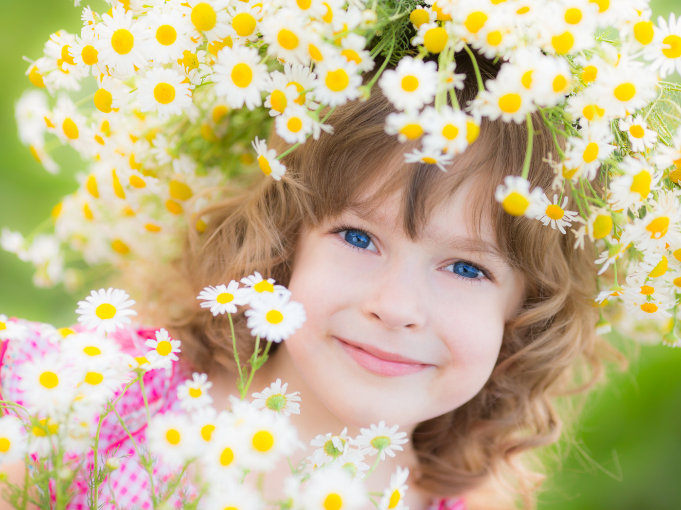 Маленькая девочка с венком из ромашек на голове