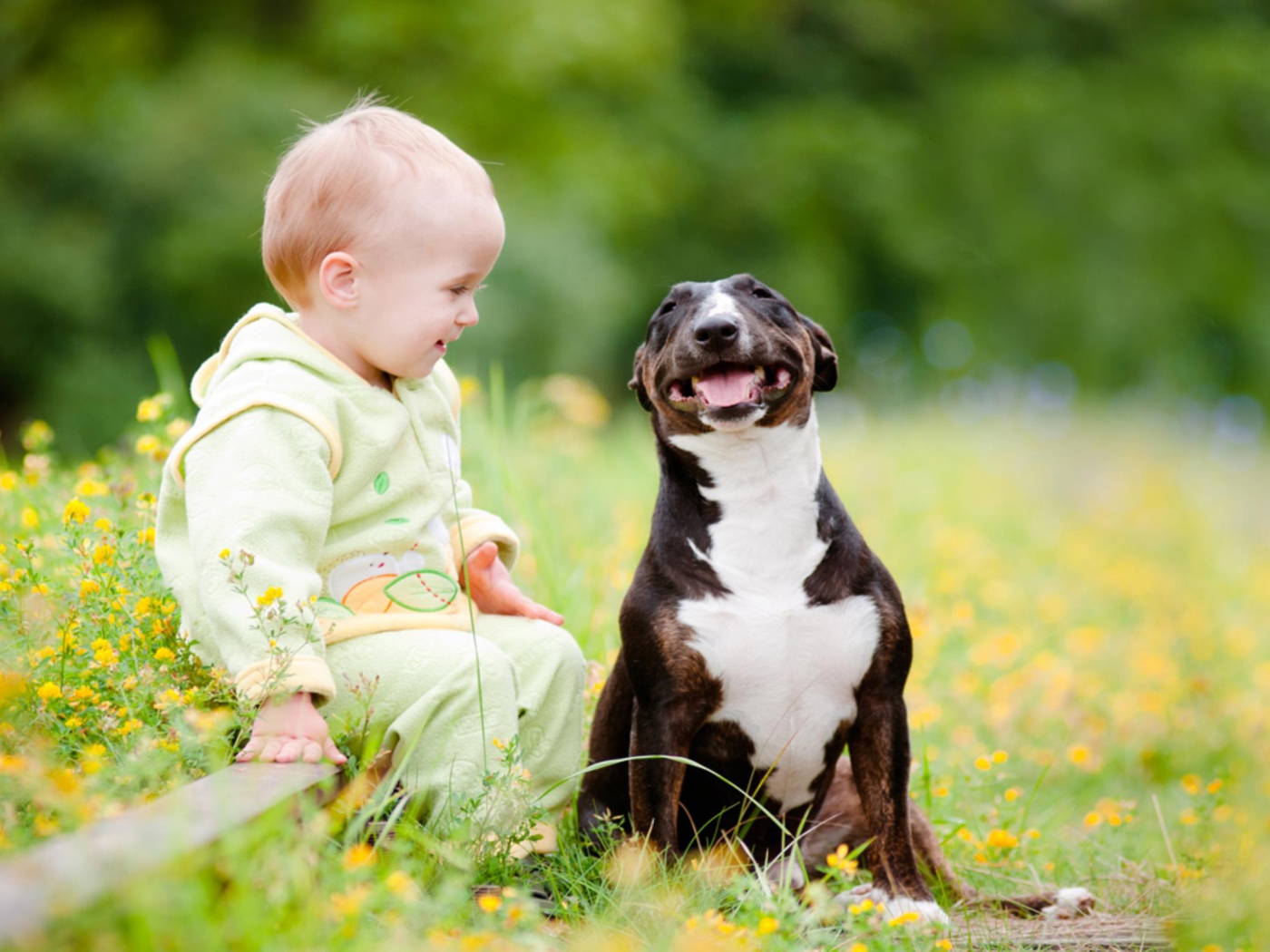 Маленький ребенок сидит с довольной собакой