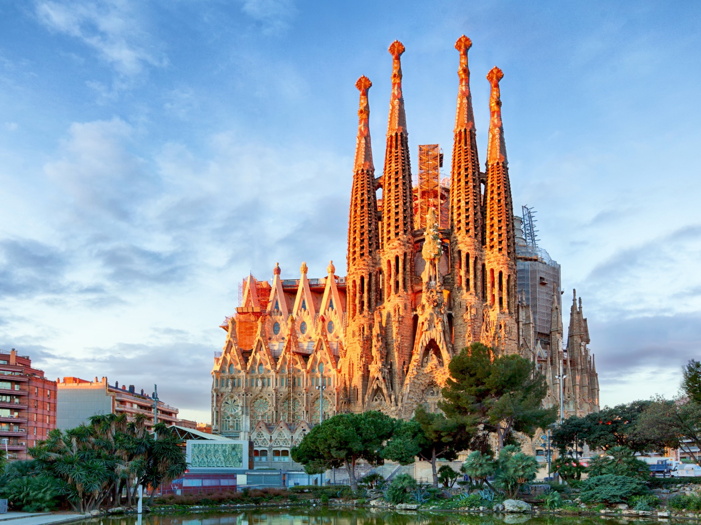 Ancient Sagrada Familia Church under the beautiful blue sky, Barcelona. Italy