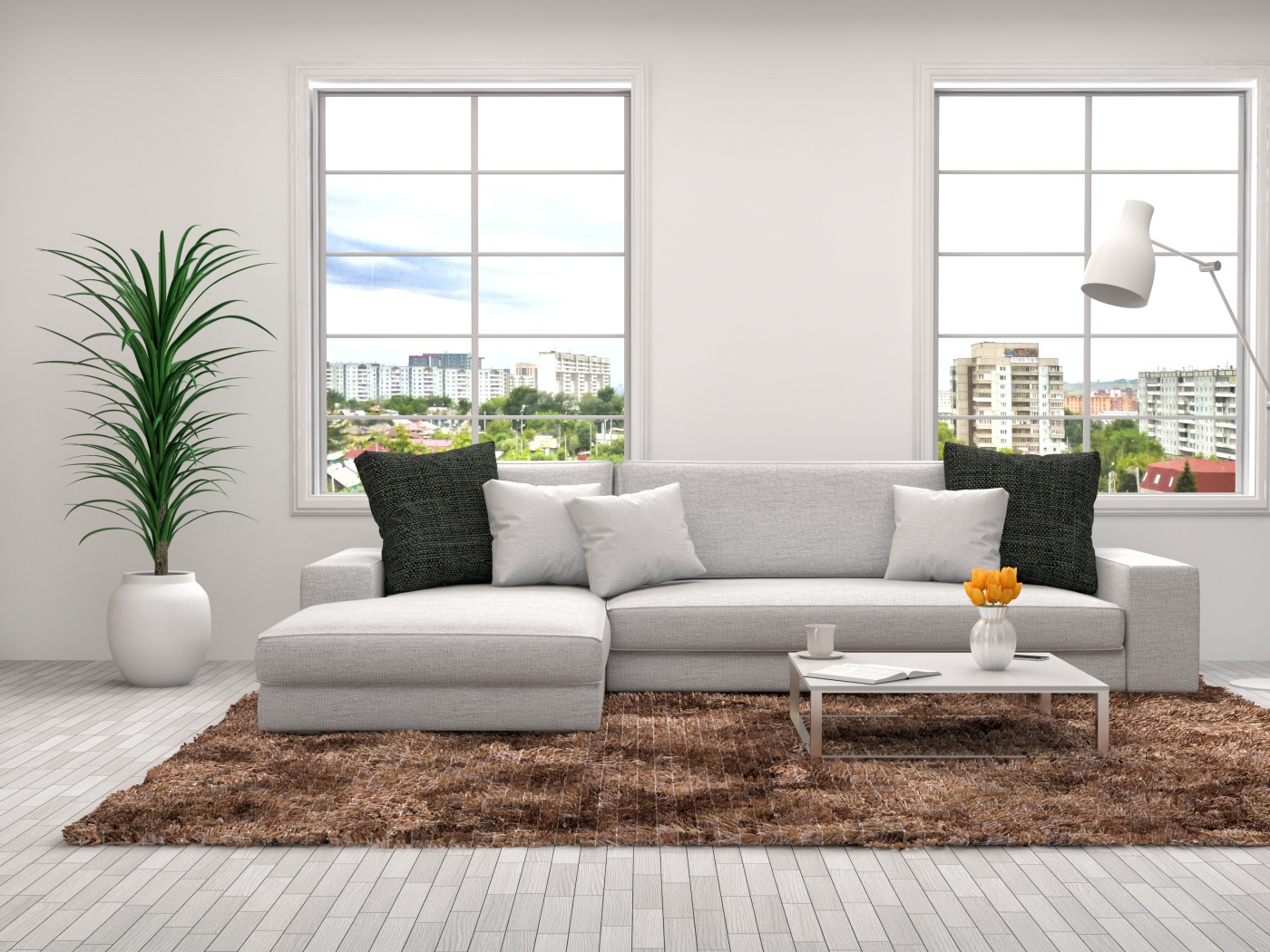 Гостиная комната с большим диваном и окнами в сером цвете 