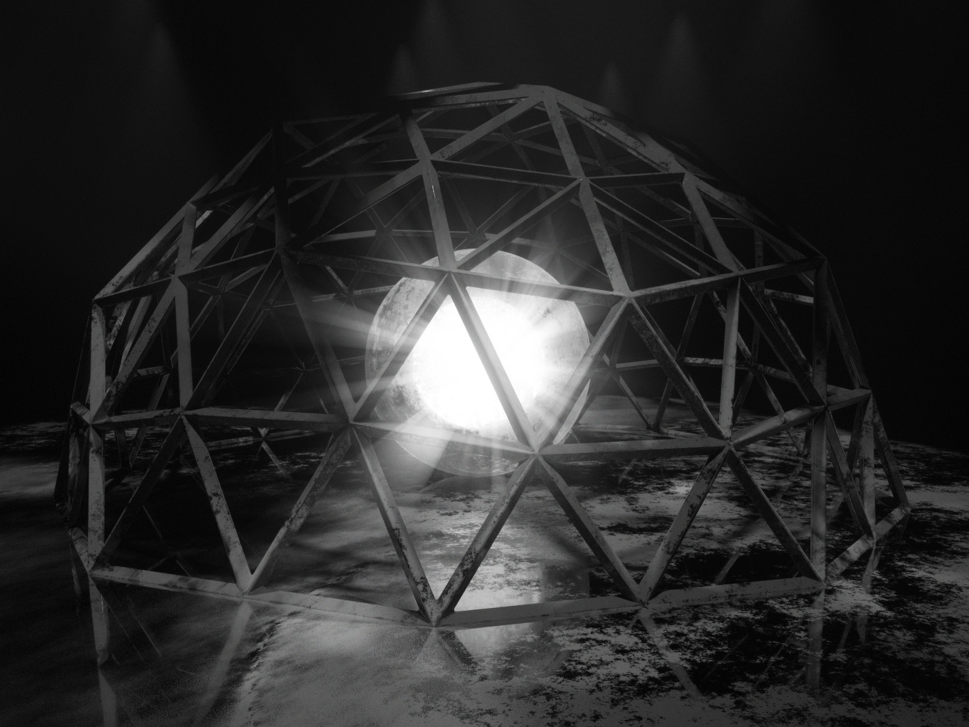 Белый яркий шар под железной клеткой 