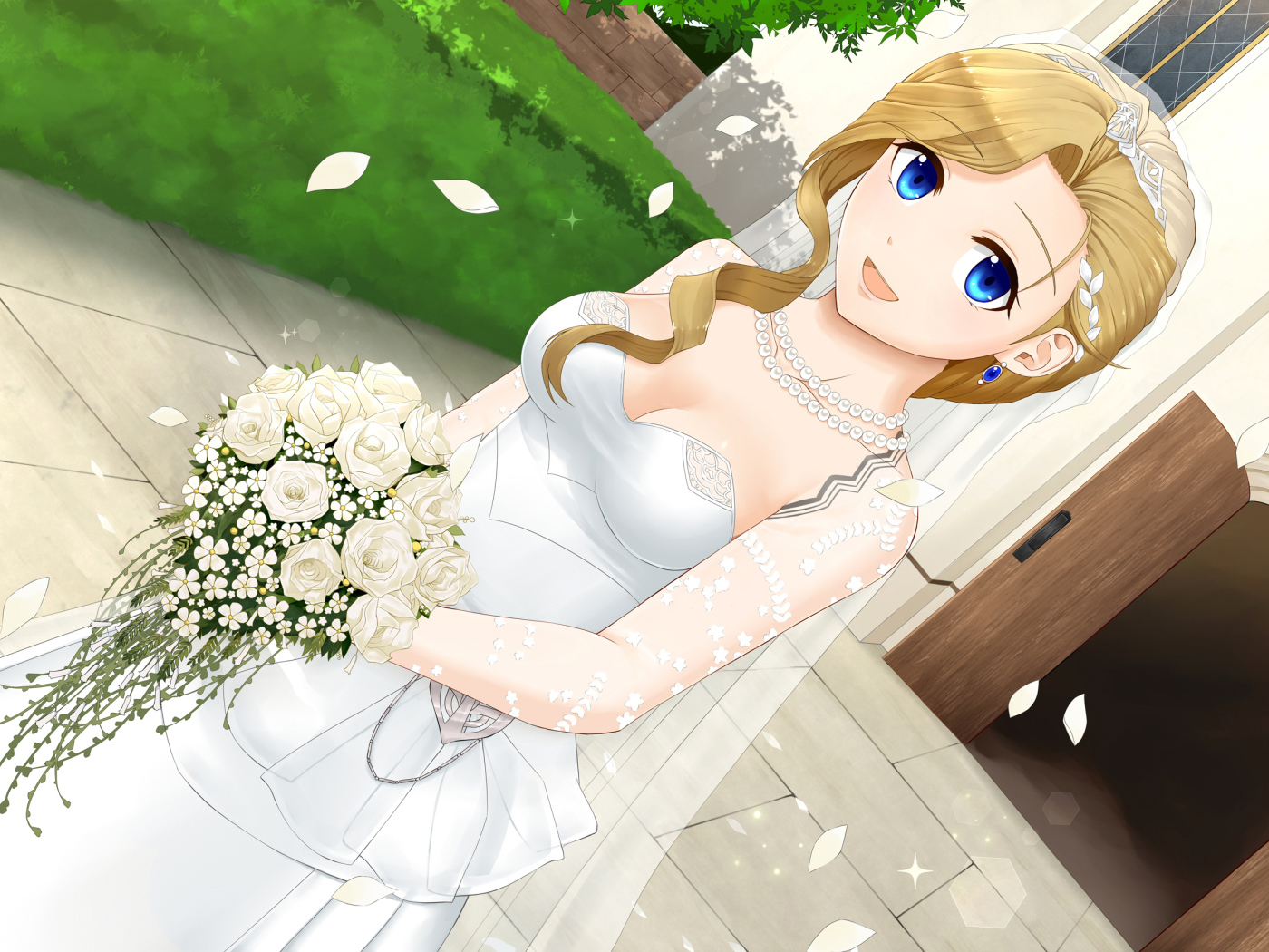 Девушка аниме в белом свадебном платье с букетом