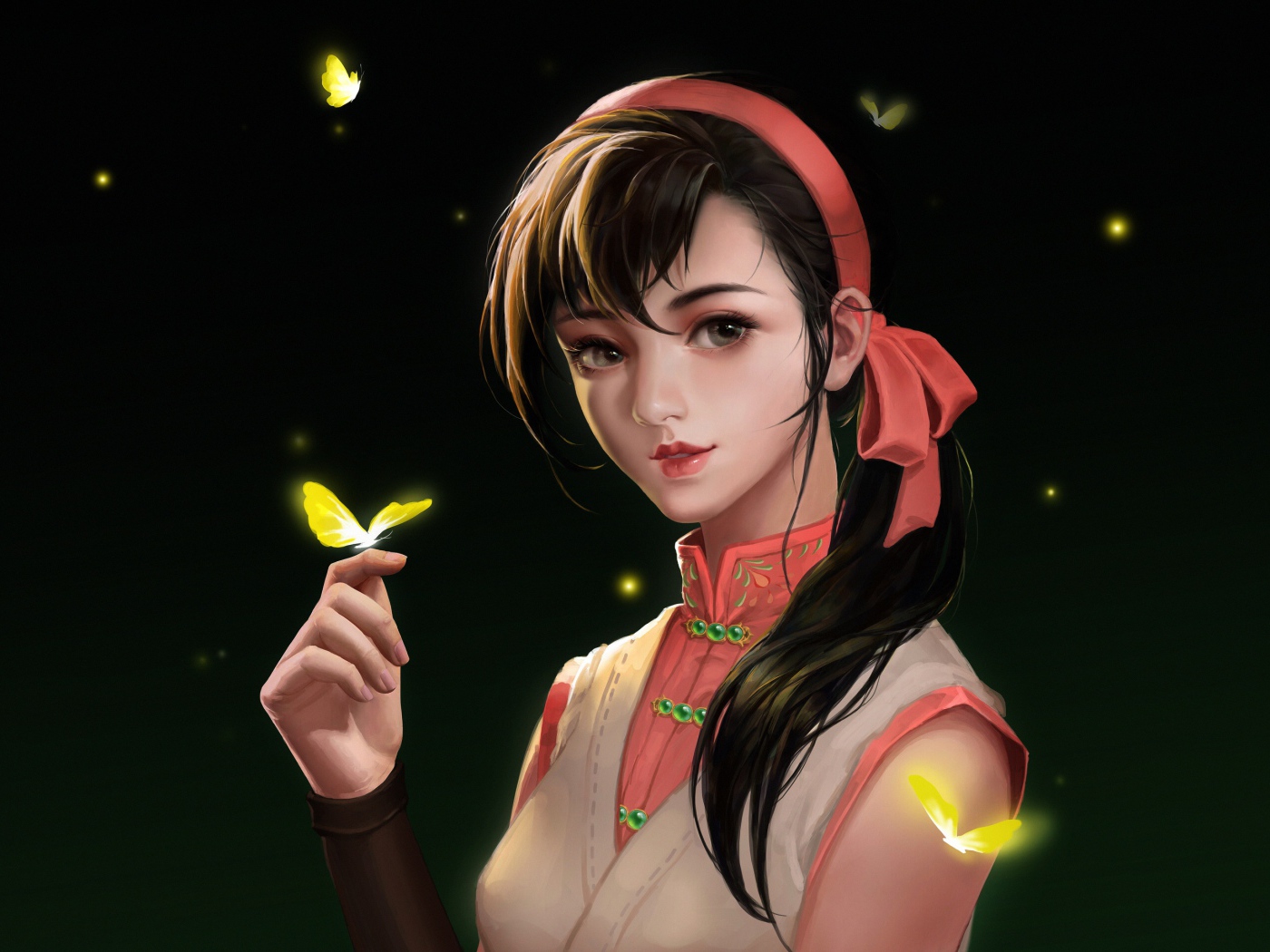 Девушка аниме с бабочкой на пальце