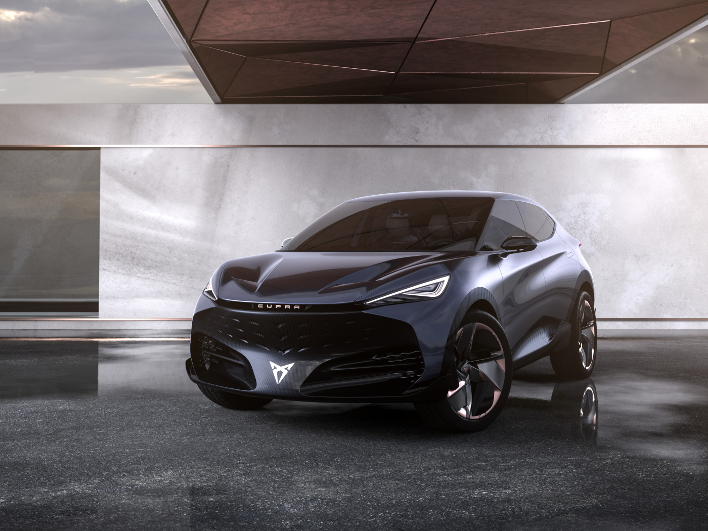 Черный автомобиль Cupra Tavascan Concept в здании 
