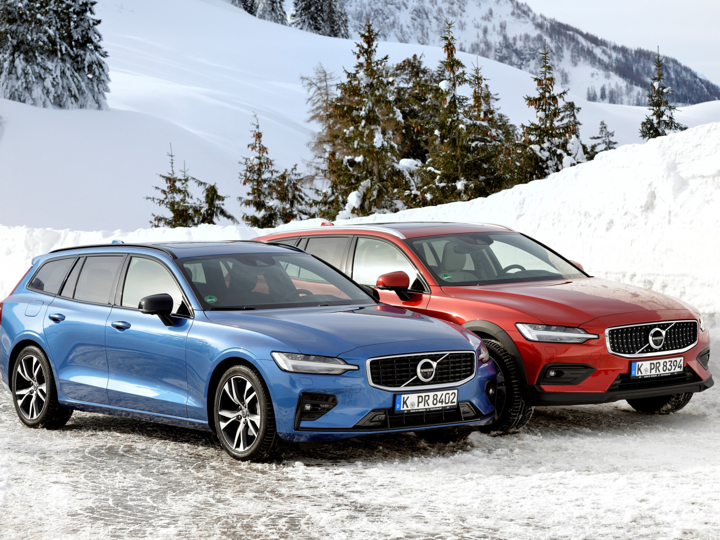 Два автомобиля Volvo V60 на фоне заснеженного леса