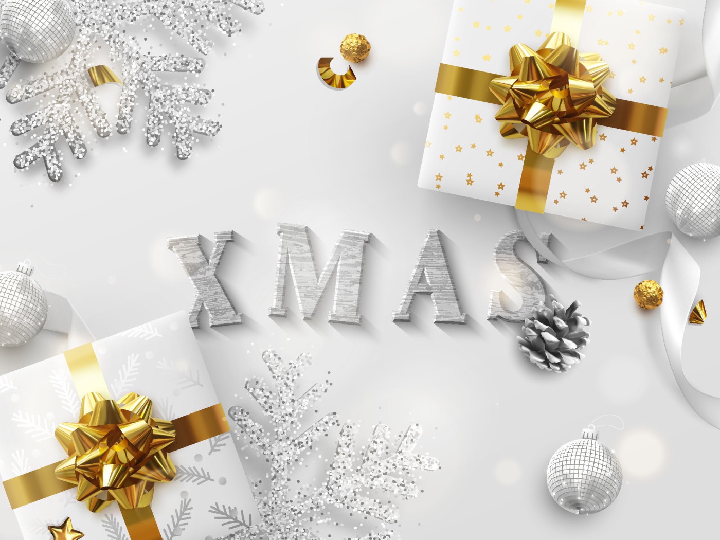 Два подарка и снежинки на Рождество 