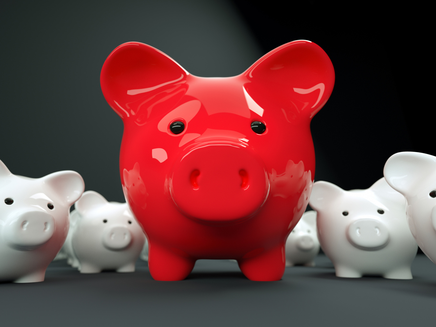 Большая красная свинья копилка на фоне белых