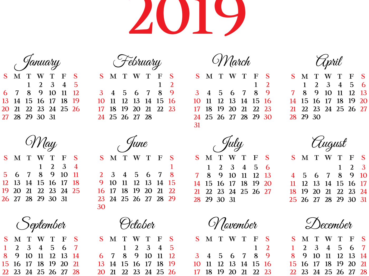 Календарь на 2019 года на белом фоне