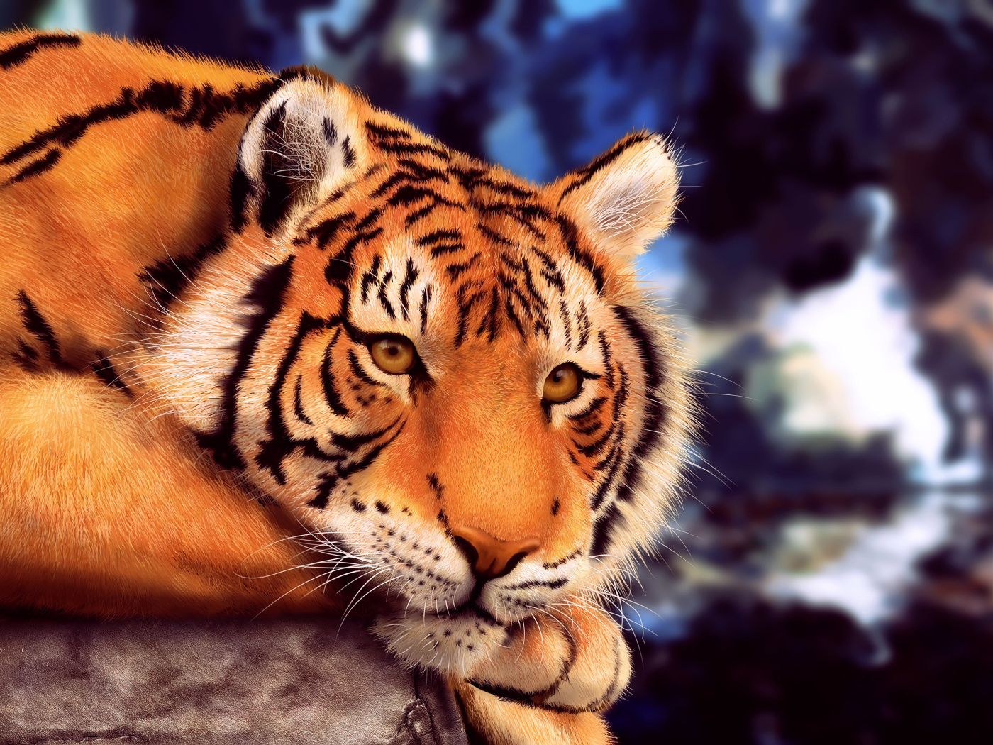 Большой нарисованный тигр лежит на камне