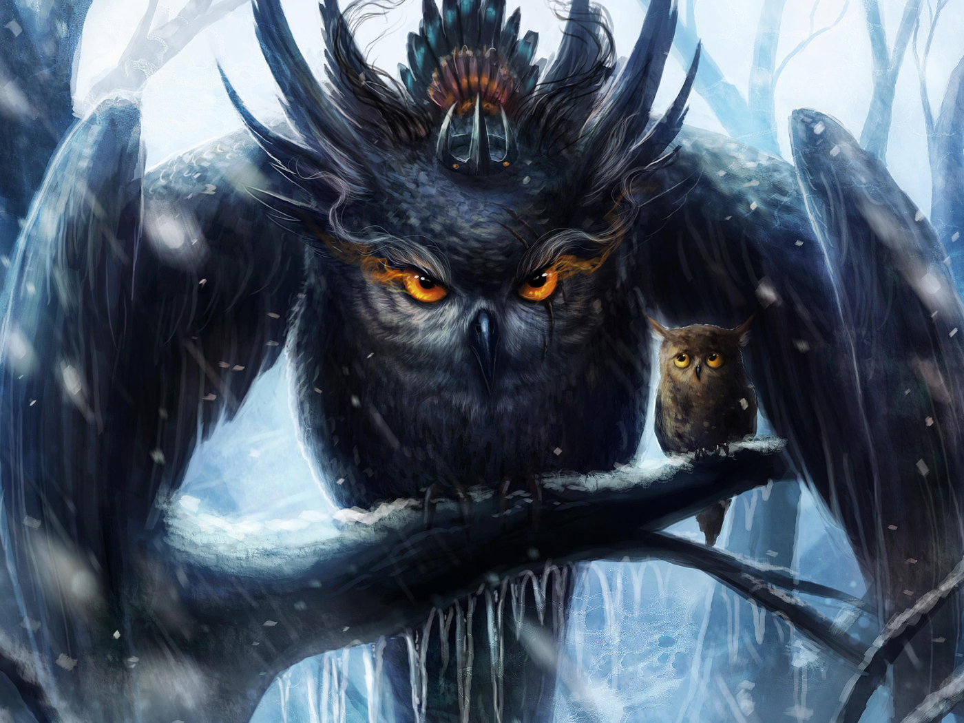 Нарисованная сова мать с птенцом на ветке