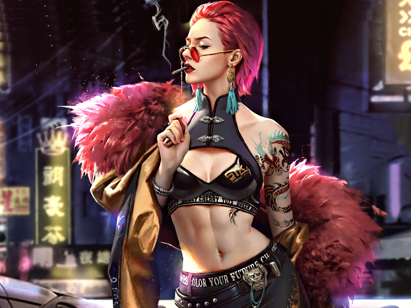 Брутальная девушка с розовыми волосами арт