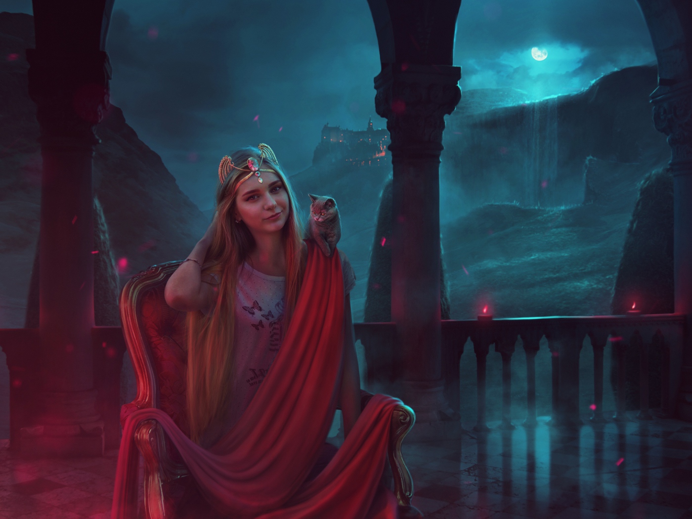 Фантастическая девушка с серым котенком на плече