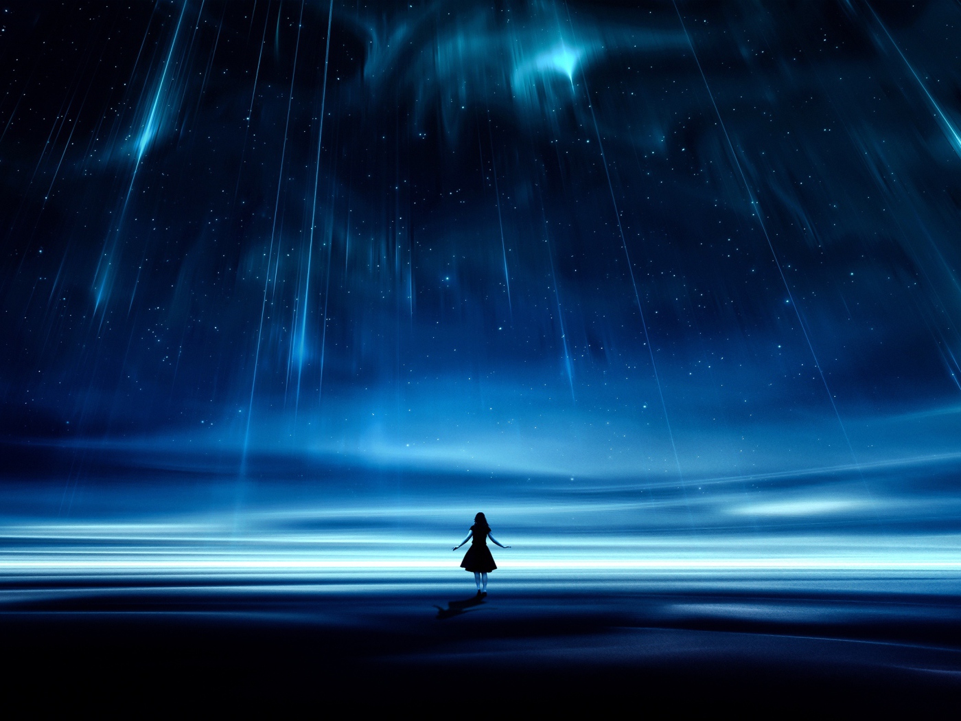 Девушка под фантастическим звездопадом в красивом небе