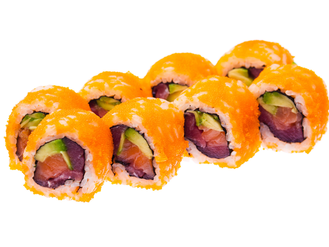 Роллы с красной икрой на белом фоне 